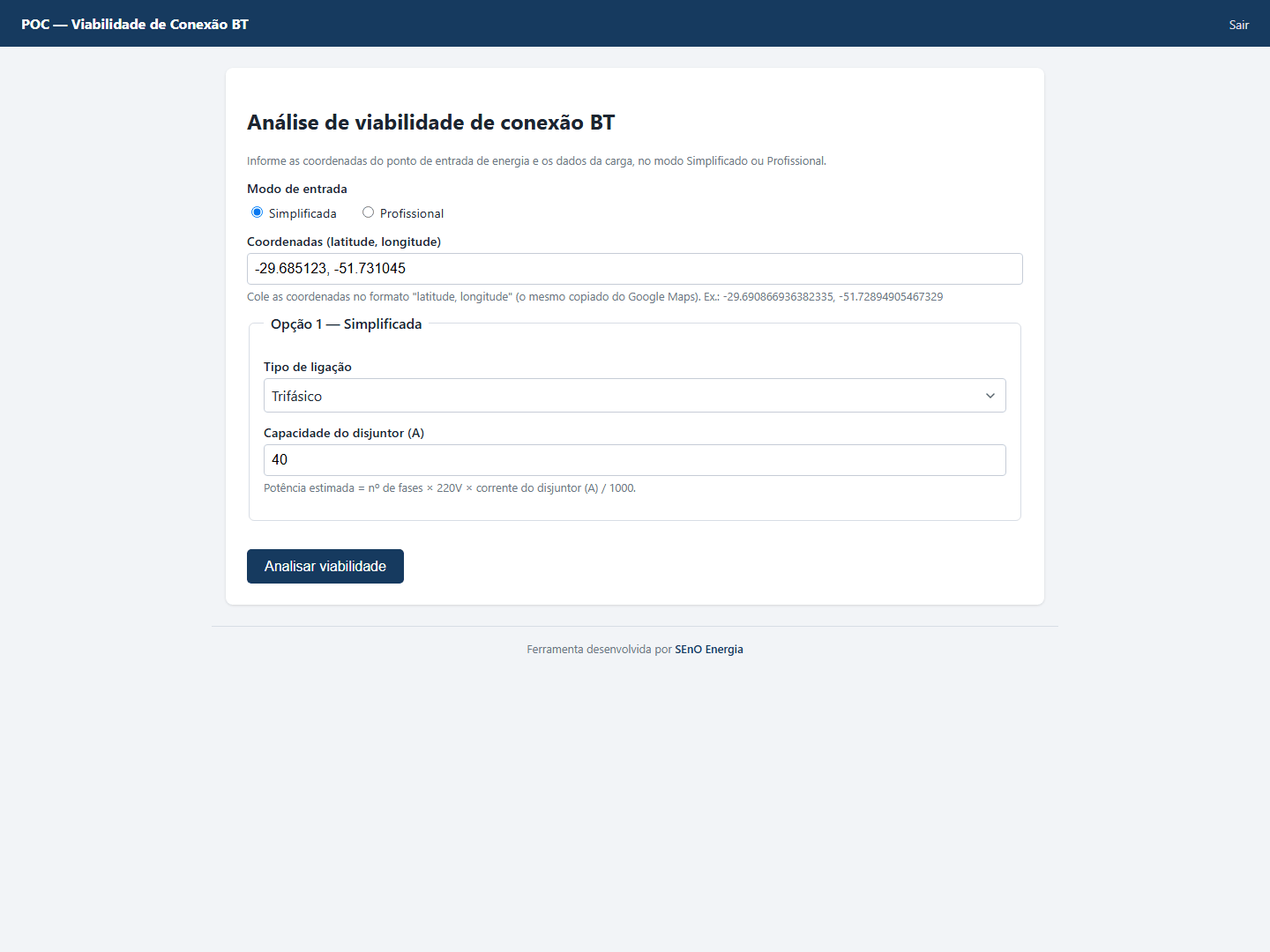 Formulário do ConectaBT, com escolha entre modo Simplificado e Profissional, campo de coordenadas e dados da carga