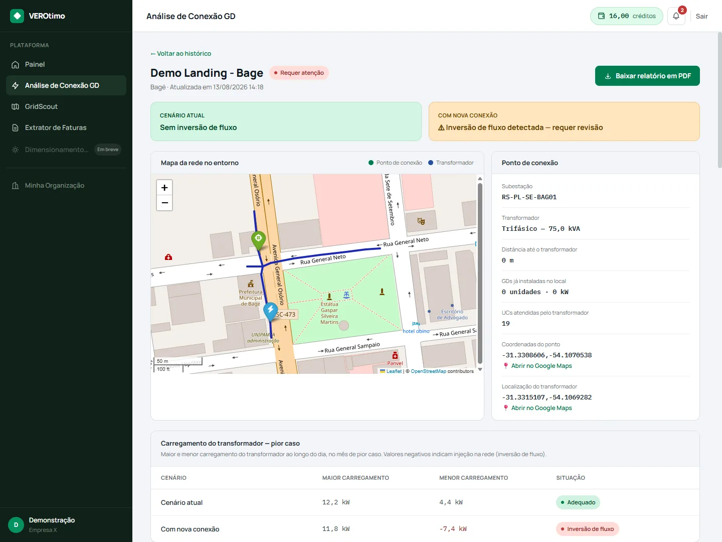 Módulo de Análise de Conexão GD: resultado com os cenários antes e depois da nova conexão e mapa da rede