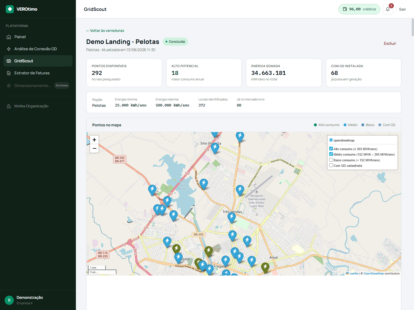 Módulo GridScout: mapa com as unidades consumidoras candidatas ao mercado livre em uma região